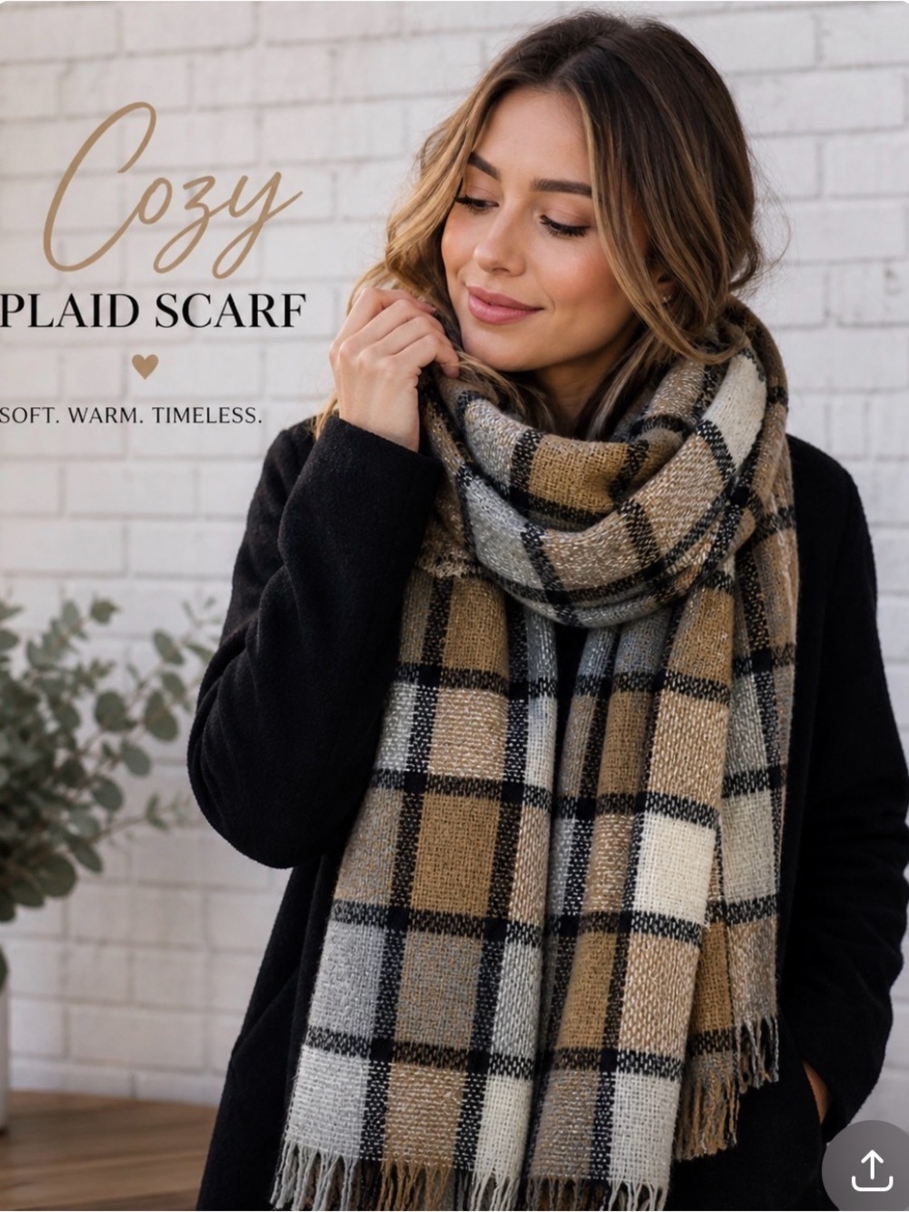 Cozy Plaid Winter Scarf – Neutral Tones | Soft & Warm 54”x54”